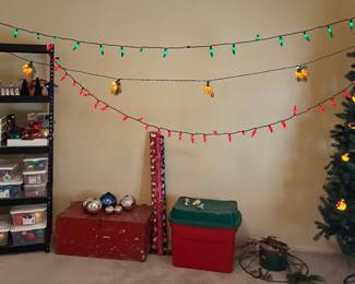 Vintage 1950s 1960s Christmas ornaments, MCM mercury glass spheres, 6 ft Christmas tree, vtge trunk