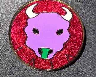 Fritz Scholder IAIA enamel buffalo bull pin, stamped 
