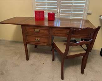 Vintage 3 drawer extendable arm desk; antique needlepoint chair