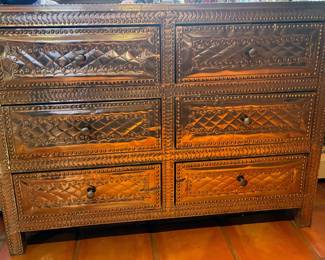 1970s Mexican punched embossed and nailhead tinwork dresser