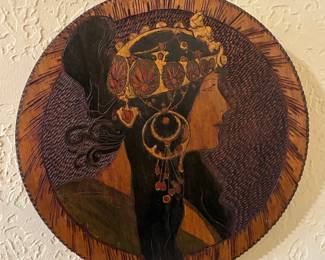 Art Nouveau style pyrography wood panel