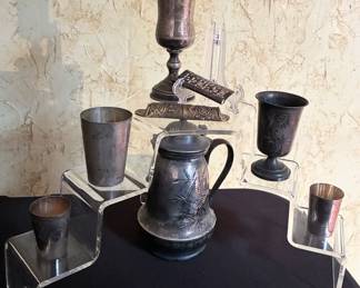 Antique hand engraved Kiddush cups, artisan mezuzah case, victorian syrup pitcher