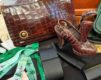 1920s crocodile clutch, platform peep toe shoes