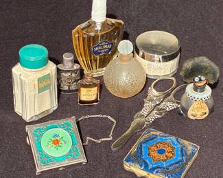 1920s Vigny France perfume, Elgin sterling silver guilhoche enamel case, vtge Coty a'suma perfurme bottle, Guerlain Shalimar eadu de toilette, vtge Emeraude, vtge Hove parfumeur miniature, antique figural grape shears