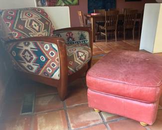 Vintage Moorish upholstery, nail head border armchair, red leather ottoman