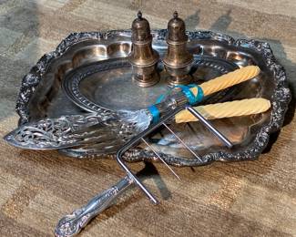 Antique silver on copper trays, sterling salt & peper, cheese slicer, victorian bone handled pierced fish servers