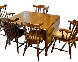 Wooden Drop Leaf Dining Table w 5 Windsor Back Chairs