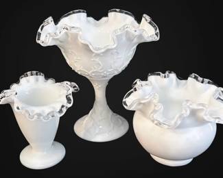 Fenton Spanish Lace Compote Silver Crest Milk Glass Vases