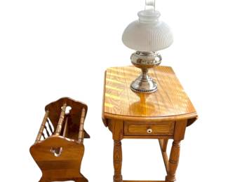 Drop Leaf Wooden Table, Magazine Rack, Oil Lamp
