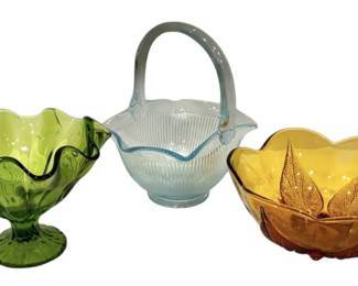L.E. Smith Green Handkerchief Glass Compote, Ribbed Blue Basket, Amber Flower Bowl