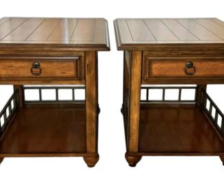 Two Wooden End Tables w Metal Railing