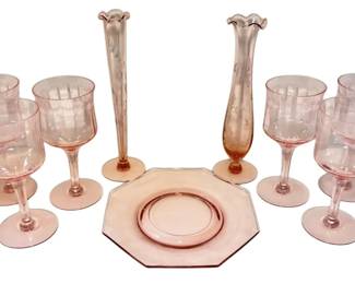 Pink Depression Glass Bud Vases, Luncheon Plate, Wine Goblets
