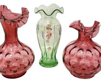 Fenton Cranberry Coin Dot Ruffled Vase, Pitcher, HandPainted Floral Glass Vase