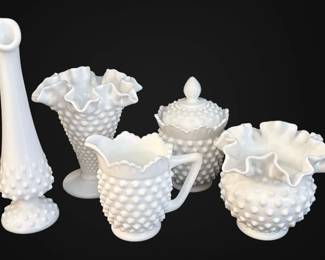 Fenton Hobnail Milk Glass Bud Vase, Ruffled Bowl, More
