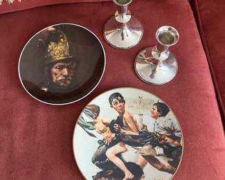 Norman Rockwell plate, sterling candlesticks, Rembrandt Man with Golden Helmet plate
