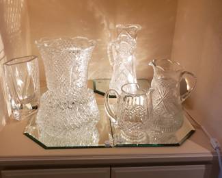 Waterford water pitcher and American Brilliant cut glass