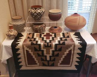 Navajo rug and handmade Navajo vases