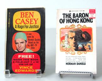 These two paperback books were both published by Lancer, but they feature two very different heros. The Ben Casey book from 1962 featured the character of Dr. Ben Casey, made famous in the emmy-award-winning TV show of the same name. "The Baron of Hong Kong," was published in 1967 and is a spy novel that is part of the Bruce Baron series.