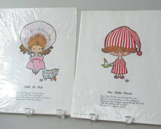 These six pieces of vintage artwork are still in the original packages! They came for free when you bought Mr. Clean. Each includes three nursery rhyme characters: Wee Willie Winkie, Little Boy Blue, Little Jack Horner, Little Bo Peep, Mistress Mary, and Little Miss Muffet.