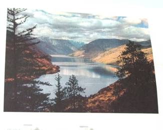 This print shows a photo of Lake Chelan in Washington State. It was produced by the Standard Oil Company to encourage car trips to scenic places.