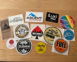 This is a collection of (13) stickers from local Seattle and Pacific NW merchants. Coffee, beer, fruit stands, corner stores and cheese-makers.