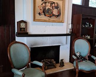 VICTORIAN CHAIRS, FIRE PLACE ELECTRIC LOGS, PAINTING, CLOCK