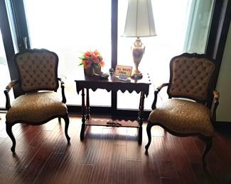 FRENCH STYLE CHAIRS, SIDE TABLE - ONE OF TWO MATCHING