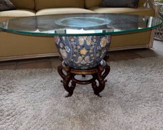 Blue floral Asian pot turned into coffee table