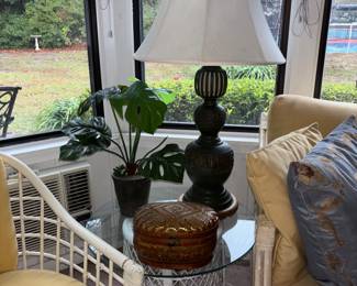 White wicker and tables glass top