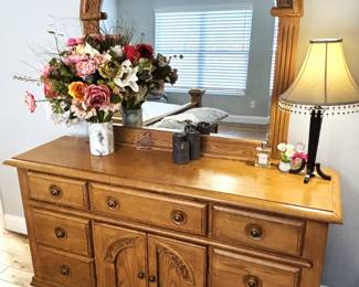 BUY IT NOW! $275.00. Vineyard oak dresser w/mirror.  Dresser: 64" W x 18" D x 34" H. Mirror: 44" W x 44" H.