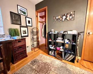 various dress shirts, a wire basket organizer, various framed art, craft supplies