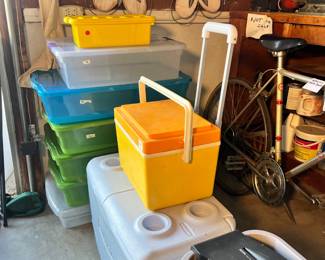 Plastic storage bins, coolers, paper shredder