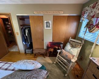 rocking chair, rugs, wooden bench, art, clothing