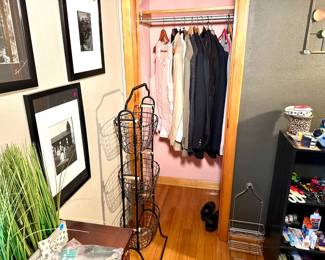 various dress shirts, a wire basket organizer, various framed art, craft supplies