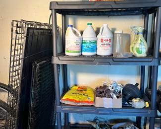 various cleaning products, metal dog cages, and more