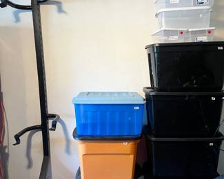 Standing bike rack, plastic storage bins