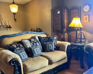 loveseat, end table, metal screen, lamps