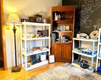 Floor lamp, bookshelf, various home decor and crafting supplies