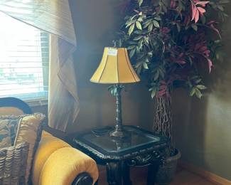 end table, artificial tree, lamp