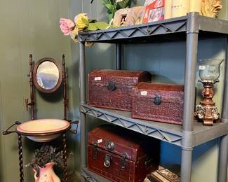 home decor, antique wash basin and pitcher, baskets
