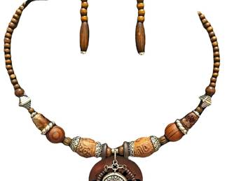Wood Bead Silver Tone Jewelry Set 