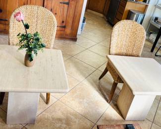 (2) Stone End tables / (2) Wicker Chairs
