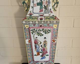 Heavy Chinese Rose Medallion Handled Vase on Stand