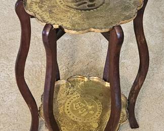 2-Tier Asian Embossed Brass & Wood Accent Table