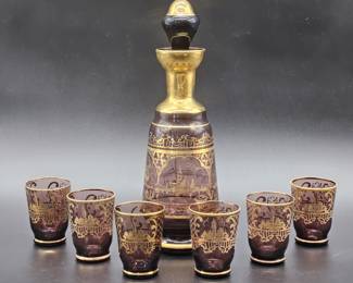 7-Pc. Vtg. Venetian Decanter Set Amethyst w/ Gilt