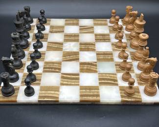 Quartz Chessboard w/ Carved Wooden Pieces
