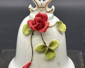 White Porcelain Bell w/ Gold Trim, 3D Rose & Stem