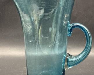 Large Blue Hand Blown Art Glass Water Pitcher