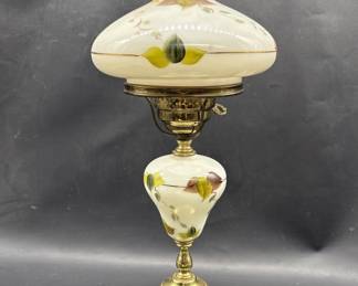 Vtg. Painted Glass & Brass Hurricane Parlor Lamp