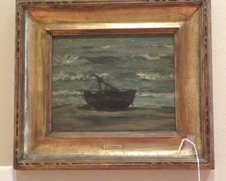 Listed artist Henry Ward Ranger oil on panel of untitled seascape 1858-=1916.